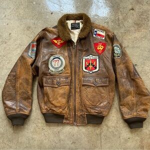 Avirex Brown Leather Bomber Jacket with Patches